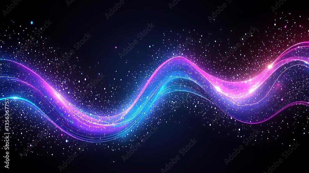Fototapeta premium Abstract glowing neon wave with sparkles on dark background.