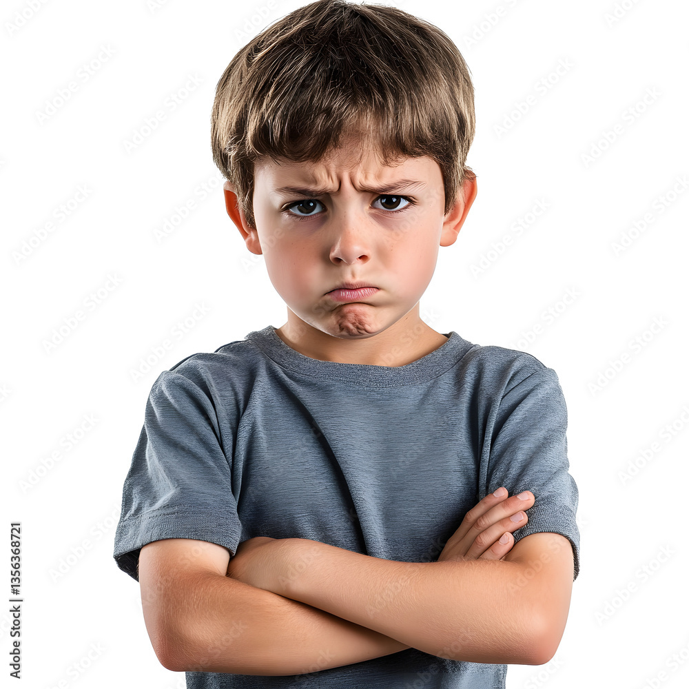 A young boy stands with his arms crossed, displaying a displeased and defiant expression. His furrowed brow emphasizes his mood.