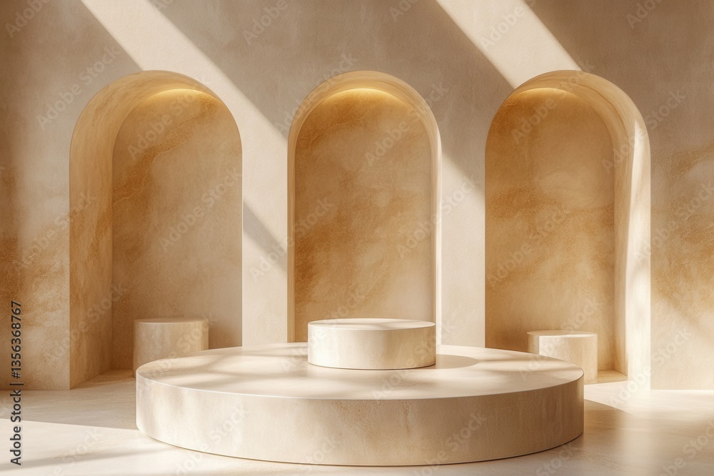 Fototapeta premium Elegant Beige Interior with Arched Niches and Cylindrical Platforms for Product Display and Minimalist Aesthetic