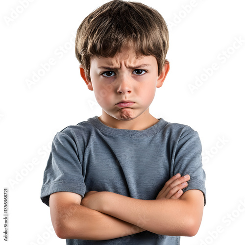 Obraz na płótnie A young boy stands with his arms crossed, displaying a displeased and defiant expression. His furrowed brow emphasizes his mood. w salonie