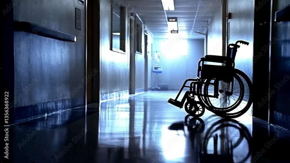 Empty wheelchair waiting in the hospital corridor with soft lighting  