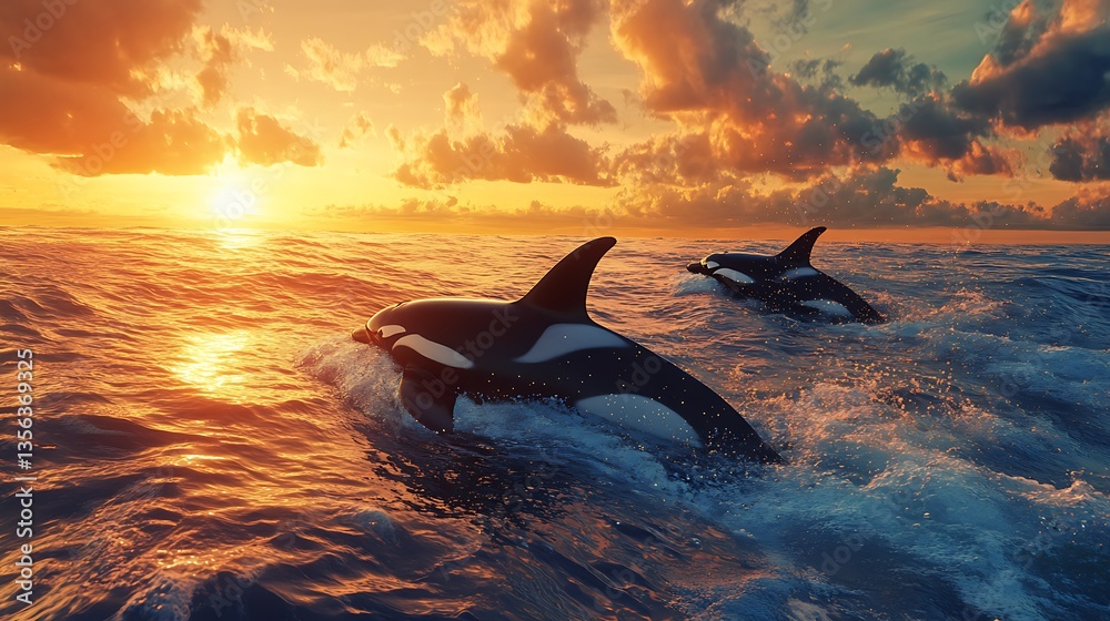 Fototapeta premium Dolphins Riding Ocean Waves at Golden Hour High Resolution Picture