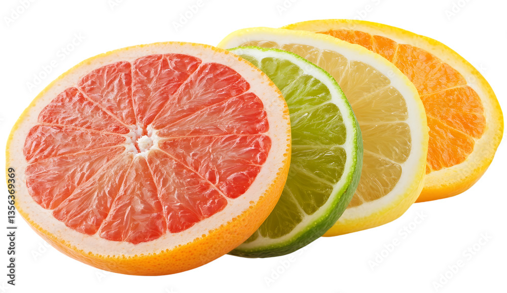Halved grapefruit, lime, lemon, and orange slices stacked together on transparent background Halved grapefruit, lime, lemon, and orange slices stacked together on transparent background
