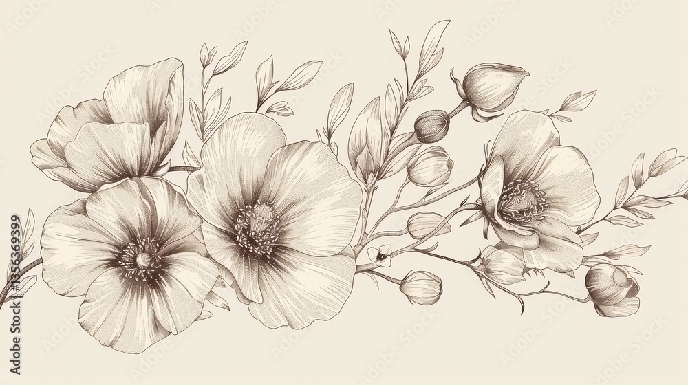 A fine-line floral illustration in monochrome with warm accent tones. - A fine-line floral illustration in monochrome with warm accent tones. -