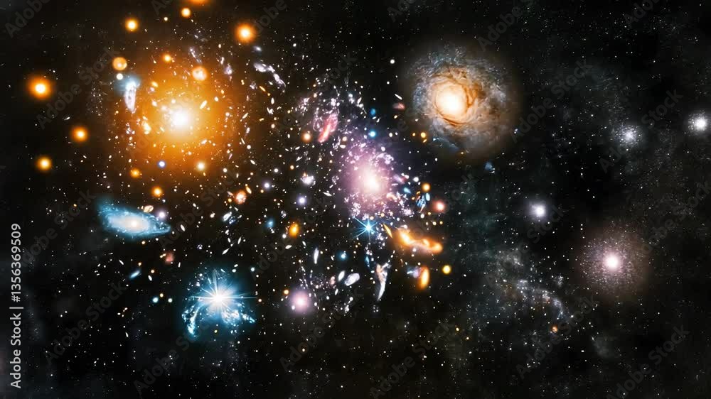 A cosmic explosion video with a wide-angle view, showcasing vibrant galaxies and stars in a dynamic, colorful space scene. Live desktop wallpaper.