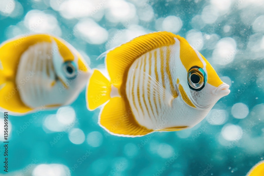 Naklejka premium Captivating close up of vibrant yellow and white butterflyfish swimming gracefully in clear turquoise water with bokeh background