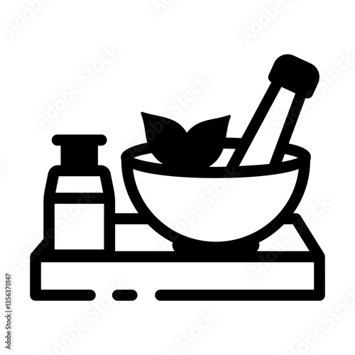 Linear icon of crushing herbal medicine in mortar pestle 
