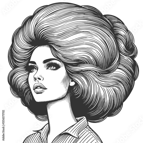woman with an enormous, intricately curled hairstyle, blending surrealism, elegance, and vintage artistic style sketch engraving generative ai vector illustration. Scratch board. Black and white image