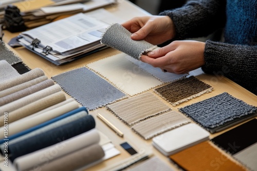 Interior design swatches.  Hands examine various fabric samples