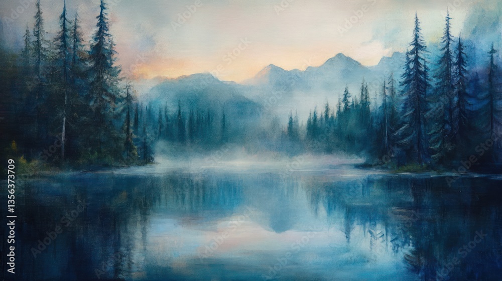 Serene mountain lake reflection landscape painting with evergreen trees Serene mountain lake reflection landscape painting with evergreen trees