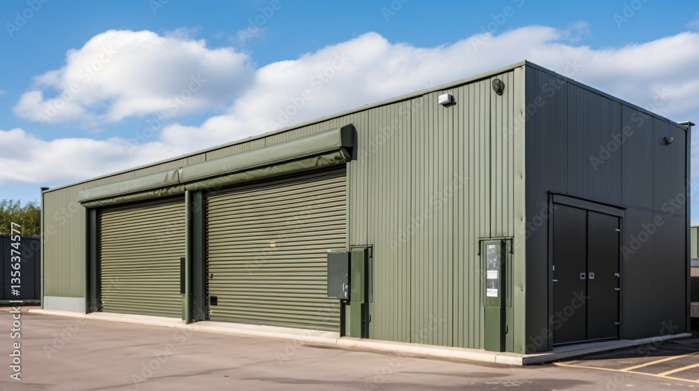 Modern Industrial Building with Large Roll-Up Doors and Olive Green Exterior Modern Industrial Building with Large Roll-Up Doors and Olive Green Exterior