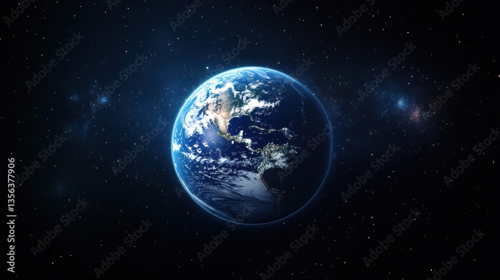 The Earth in space, glowing blue and white, with stars in the background The Earth in space, glowing blue and white, with stars in the background