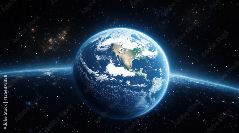 Fototapeta premium The Earth in space, glowing blue and white, with stars in the background