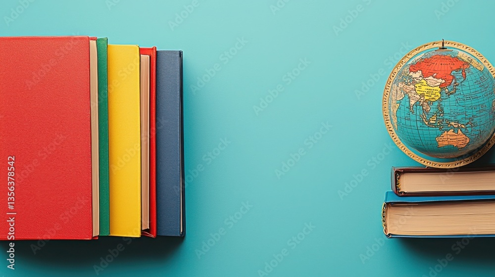 Fototapeta premium A globe surrounded by books on a blue background representing global entrepreneurship without borders