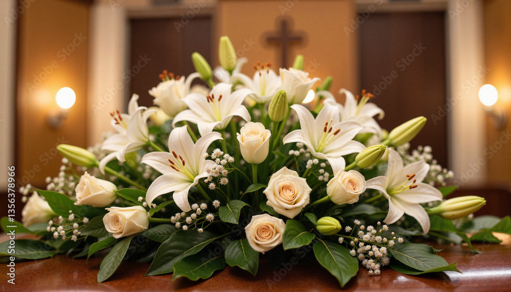 Obraz premium Solemn funeral flower stand with white roses and lilies, remembrance