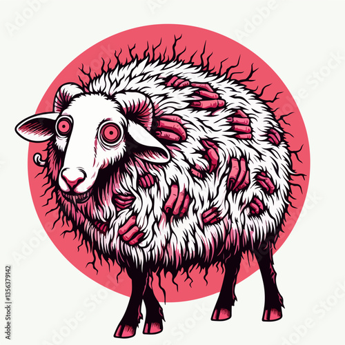 "Creepy Sheep Illustration: A darkly artistic illustration showcases a menacing sheep with striking red eyes. Its fleece is adorned with a pattern of strange, fleshy protrusions, set against a bold.