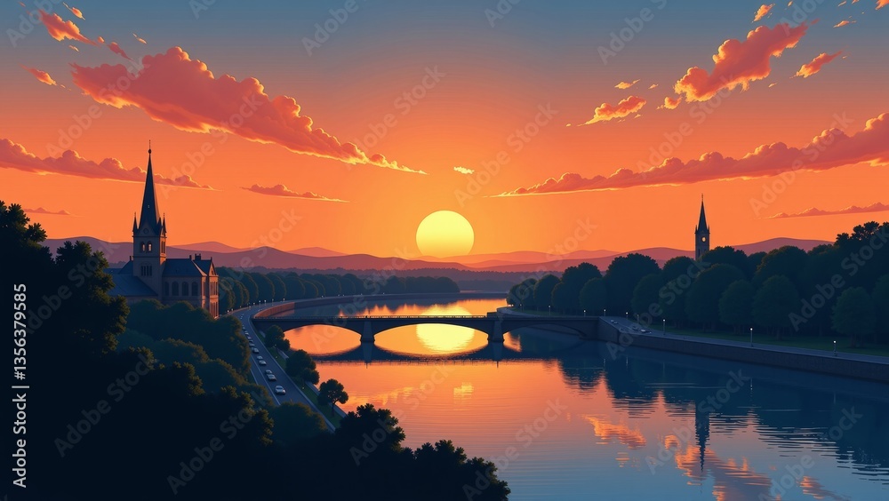 Naklejka premium Confluence Sunset in France Lyon showcases vibrant sunset over calm river, lush landscape, silhouetted church. Concept of Confluence Sunset in France Lyon captures serene beauty. 