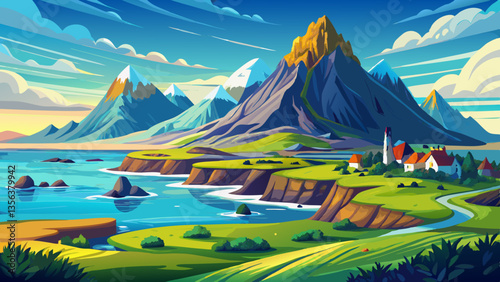 panoramic landscape with meadow and lake in front of alps mountains