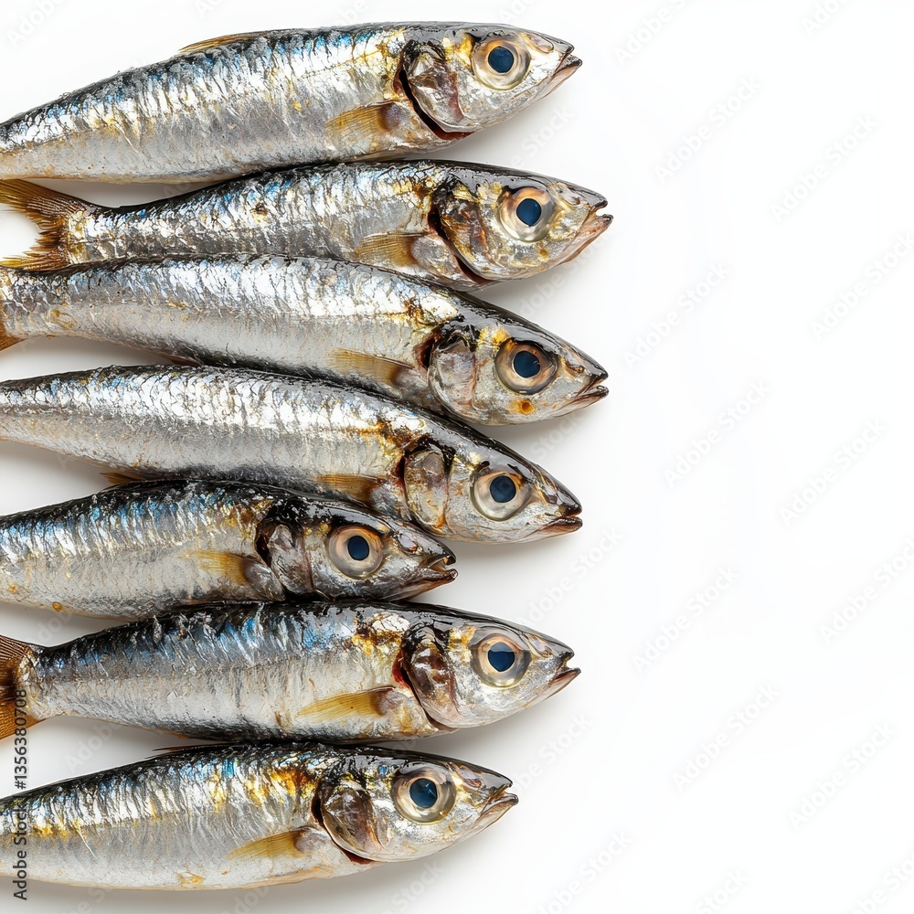 Fresh fish arranged in a row, highlighting their shiny scales and vivid eyes. Fresh fish arranged in a row, highlighting their shiny scales and vivid eyes.