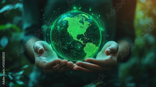 Holding a glowing green globe representing North America surrounded by lush nature