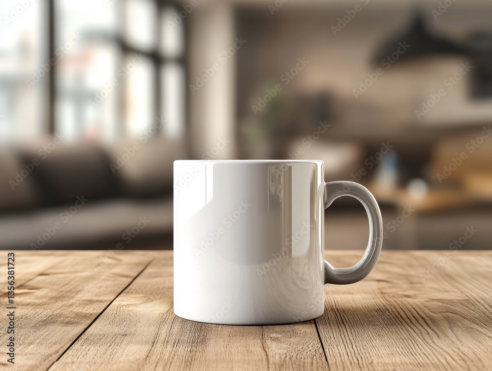 Empty white mug on a wooden table in a cozy living room Empty white mug on a wooden table in a cozy living room
