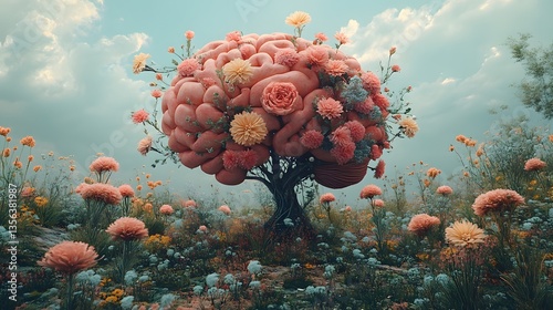 Fiery Blossoms in Bloom: A Glowing Tree with Vibrant Coral Flowers and Fiery Petals Scattered in the Air, Against a Fiery Sky
