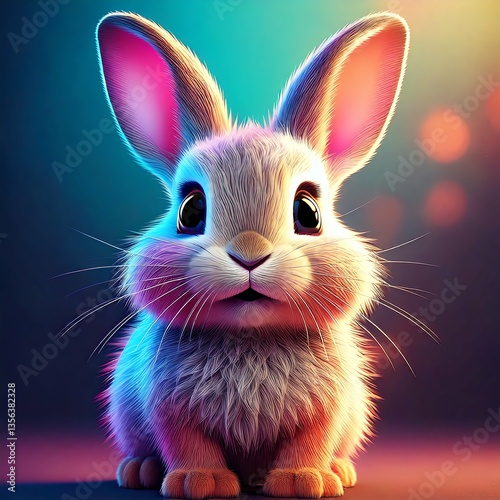  Adorable fluffy bunny, vibrantly colored fur, large expressive eyes.