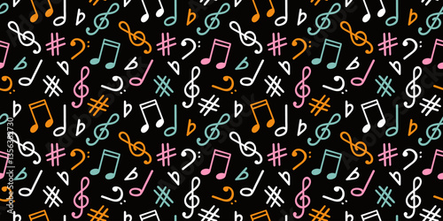 Music signs seamless pattern, accidental, note symbols background. Hand drawn doodle style vector graphics, illustration