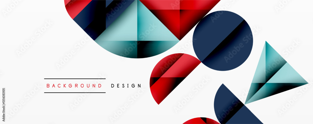 Abstract geometric background with layered gradient shapes forming dynamic patterns. Overlapping semi circles and triangles create depth and contrast
