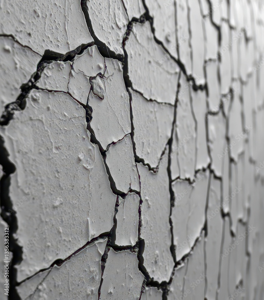 Obraz premium Monochrome close-up of a wall with a network of surface cracks, showing distressed texture, surface, rustic, cracked wall