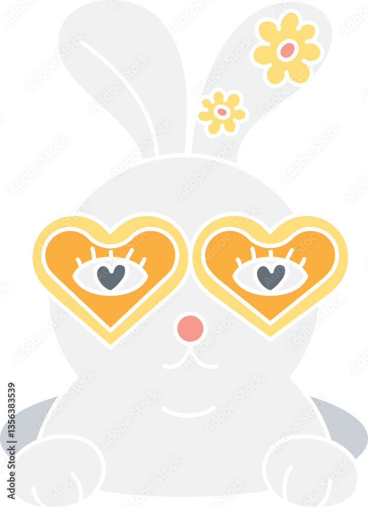Fototapeta premium boho groovy easter Cute cartoon rabbit wearing heart-shaped glasses with flowers. in doodle flat color style
