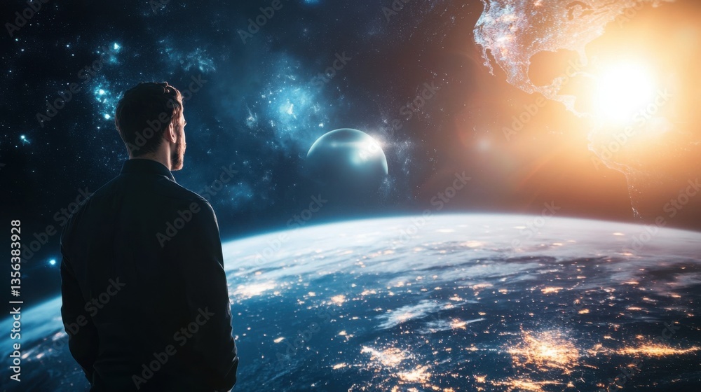 Obraz premium Man looking at a planet symbolizing a tech founder with a vision for global impact and future innovations