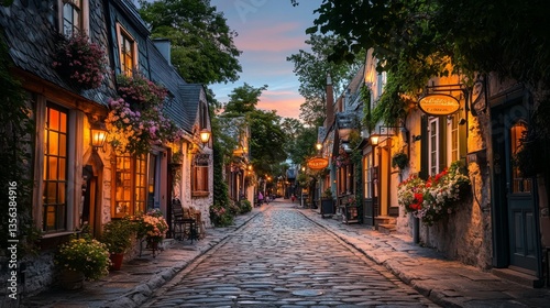 Cobblestone street lined with cozy shops and blooming flowers at twilight in a quaint village