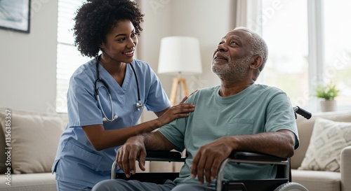 An attentive nurse comforts a senior man in a wheelchair setting