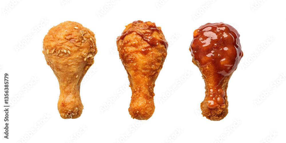 Crispy Fried Chicken Leg with Seasoning in Three Different Styles on White - Fried Chicken, Crispy Legs, Savory Dish, Cut Out Crispy Fried Chicken Leg with Seasoning in Three Different Styles on White - Fried Chicken, Crispy Legs, Savory Dish, Cut Out