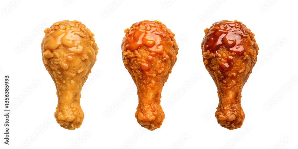 Three Different Style Crispy Fried Chicken Leg with Seasoning on White - Delicious Fried Chicken, Crispy Leg, Savory Meal, Cut Out Three Different Style Crispy Fried Chicken Leg with Seasoning on White - Delicious Fried Chicken, Crispy Leg, Savory Meal, Cut Out
