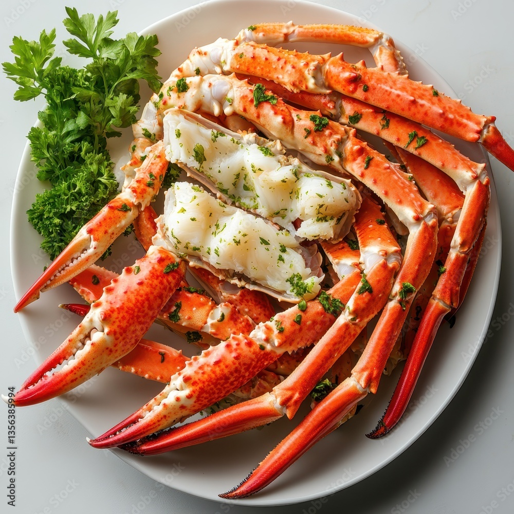 Deliciously prepared king crab legs garnished with fresh herbs on a white plate. Deliciously prepared king crab legs garnished with fresh herbs on a white plate.