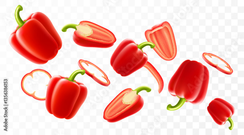 Falling bell pepper isolated on transparent background. Сhopped pieces of red Bulgarian pepper flying, selective focus. Can be used for advertising, packaging, banner print. Realistic 3d vector design