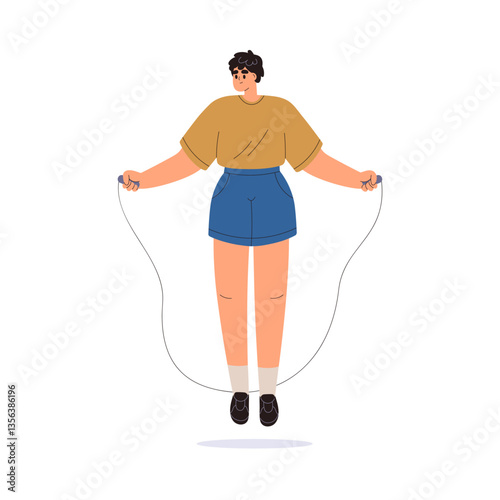 Man exercising with skipping jump rope. Happy person doing sports exercises, ...
