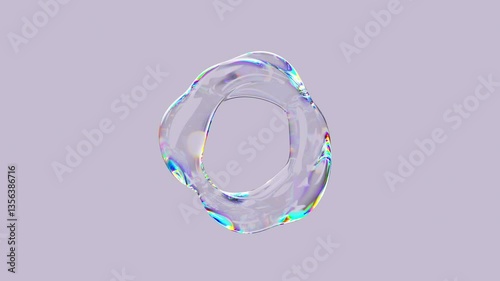 Transparent multicolored liquid moving shape with iridescent effect. Abstract fluid distorted torus. 3d render 4K loop animation.