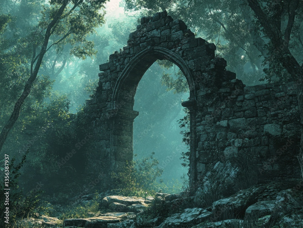 Mystical Stone Archway Amidst Lush Forest Canopy Evoking Ancient Ruins and Tranquil Atmosphere with Overcast Sky and Soft Light Mystical Stone Archway Amidst Lush Forest Canopy Evoking Ancient Ruins and Tranquil Atmosphere with Overcast Sky and Soft Light