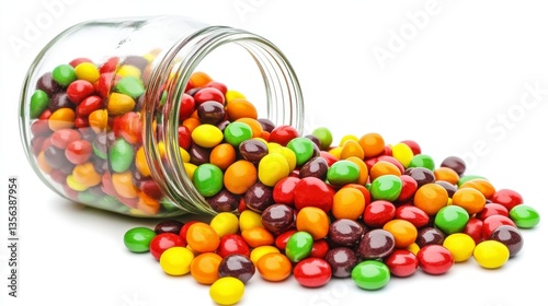 Colorful Candy Art: Skittles Spilling from Glass Jar on White Background