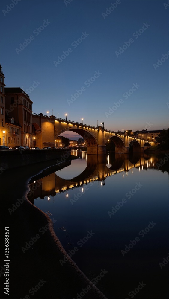 Obraz premium Elbe Twilight in Germany Dresden captured in serene night scene with illuminated stone bridge over calm river. Concept of Elbe Twilight in Germany Dresden showcasing tranquil landscape.
