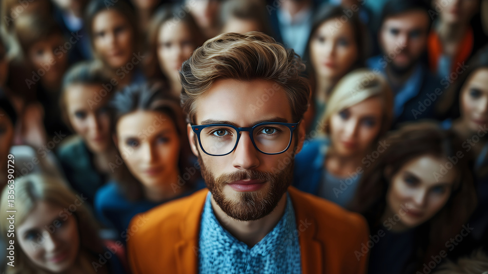 Obraz premium Man with Glasses in Crowd: Close-Up Portrait
