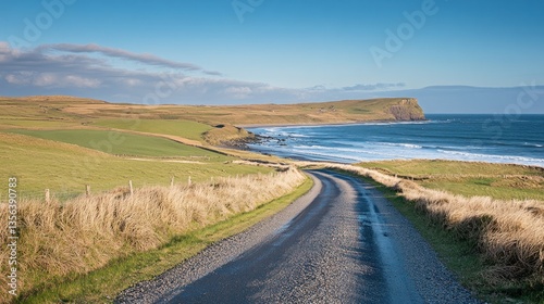 Serene coastal road winding through lush green hills