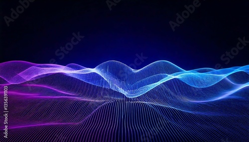 Abstract digital landscape.  Glowing neon waves flow across a dark background, creating a futuristic, ethereal scene.