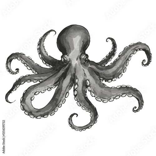 Loose hand-drawn octopus illustration. Organic. Watercolor. Coloring. Color. Vector
