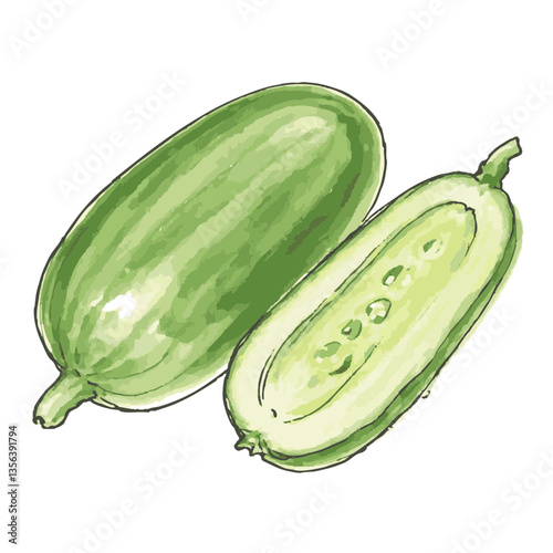 Illustration of a loose hand-drawn cucumber. Watercolor. Color. Vector.