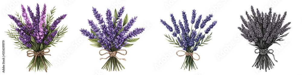 Obraz premium Colorful bunches of fragrant lavender flowers in varying shades of purple tied with natural ribbons or string