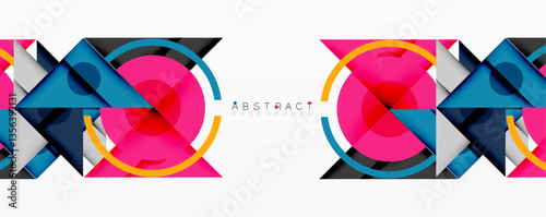 Geometric abstract design with layered triangles, circles, and gradients, forming a structured pattern with sharp contrasts and depth